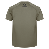 Back view of the Ireland 25/26 Autumn Internationals Elite Training Tee by Canterbury in olive green, featuring a black Vodafone logo near the neckline and crafted with Vapodri technology for comfort.