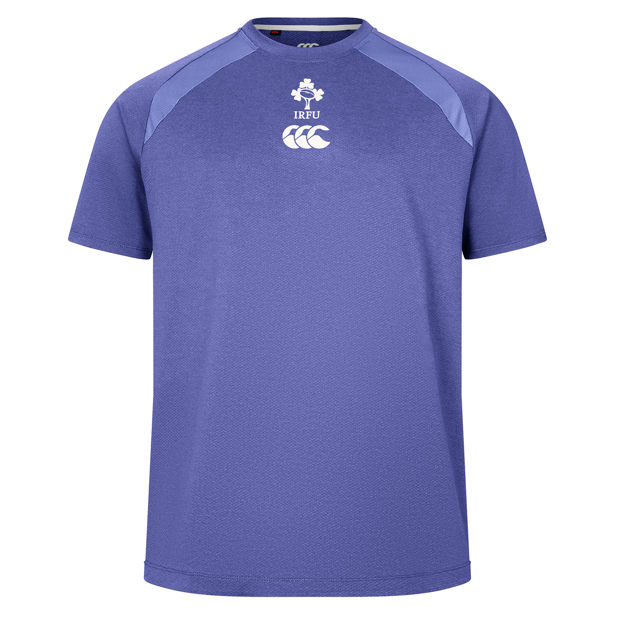 The Ireland 25/26 Six Nations Elite Training Tee by Canterbury features short sleeves, purple design with light accents, and IRFU plus Canterbury chest logos—ideal for rugby training.