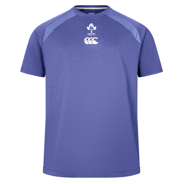 The Ireland 25/26 Six Nations Elite Training Tee by Canterbury features short sleeves, purple design with light accents, and IRFU plus Canterbury chest logos—ideal for rugby training.