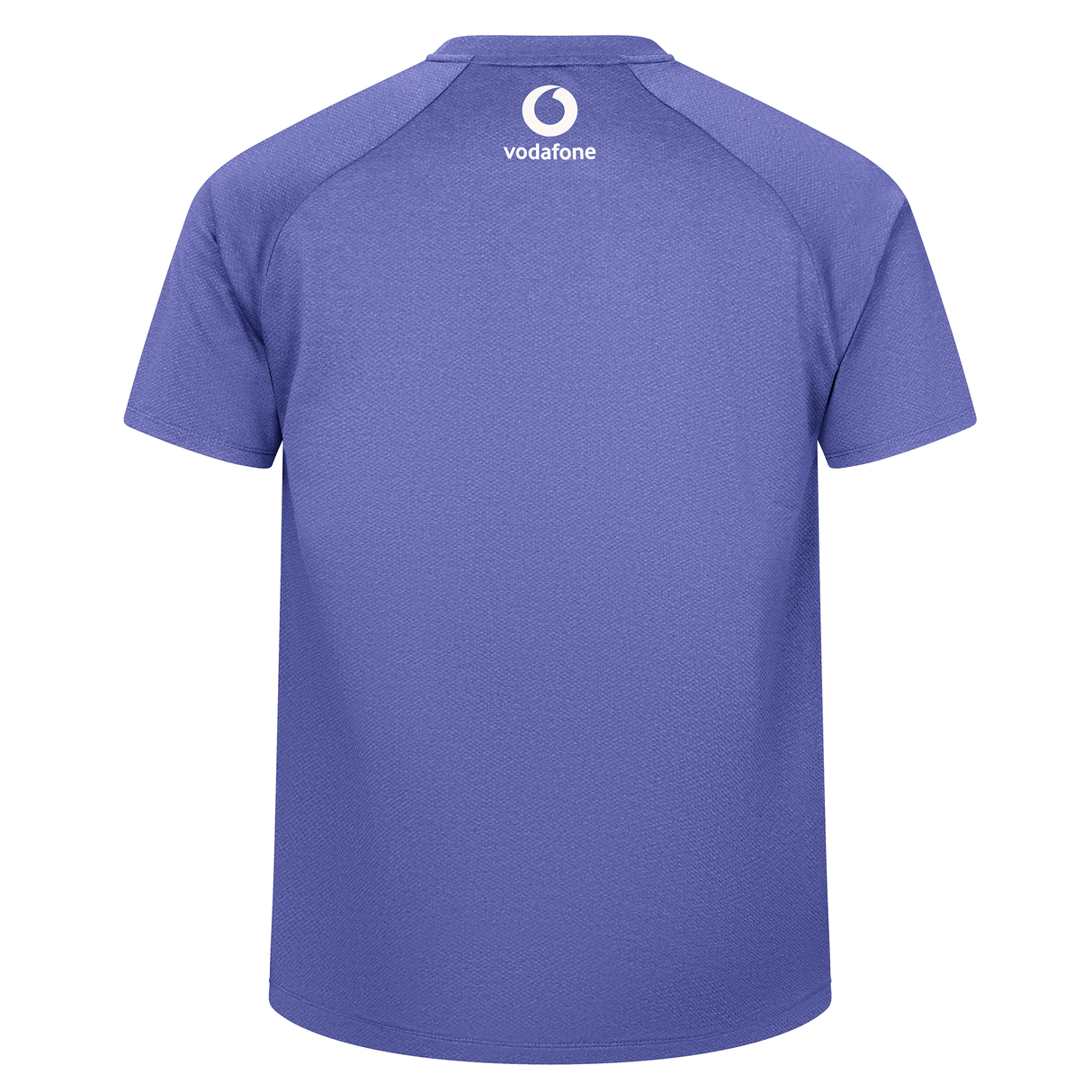 The Ireland 25/26 Six Nations Elite Training Tee by Canterbury is a purple short-sleeve shirt seen from the back, with a white Vodafone logo near the neckline—a classic rugby training top from Canterbury.
