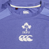 Close-up of the Ireland 25/26 Six Nations Elite Training Tee by Canterbury, showing the IRFU logo, rugby ball motif, and Canterbury branding on the chest.