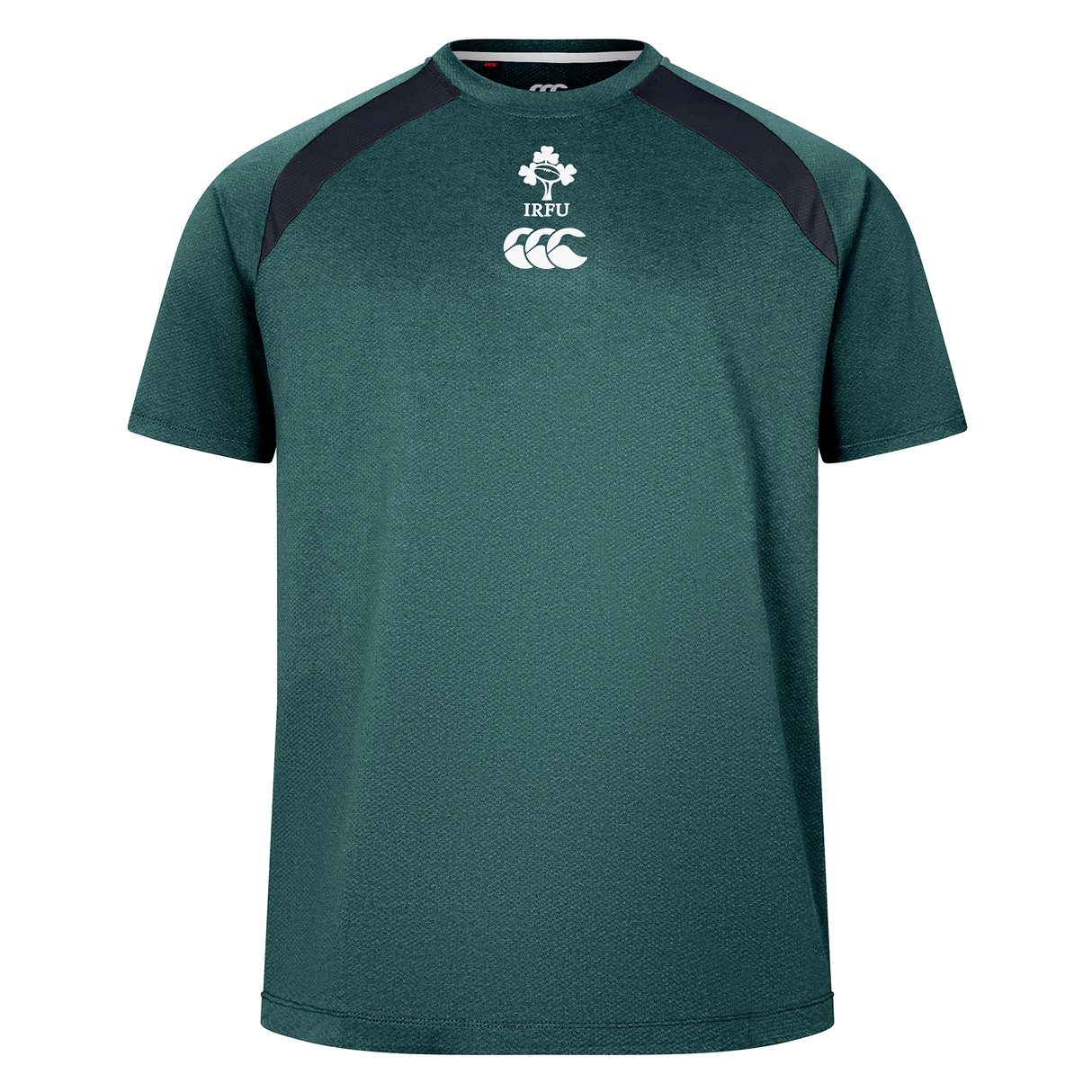 The Canterbury Ireland 25/26 Six Nations Elite Training Tee features short sleeves, black shoulder panels, and IRFU and Canterbury chest logos. Ideal for supporting Ireland or training like the pros.