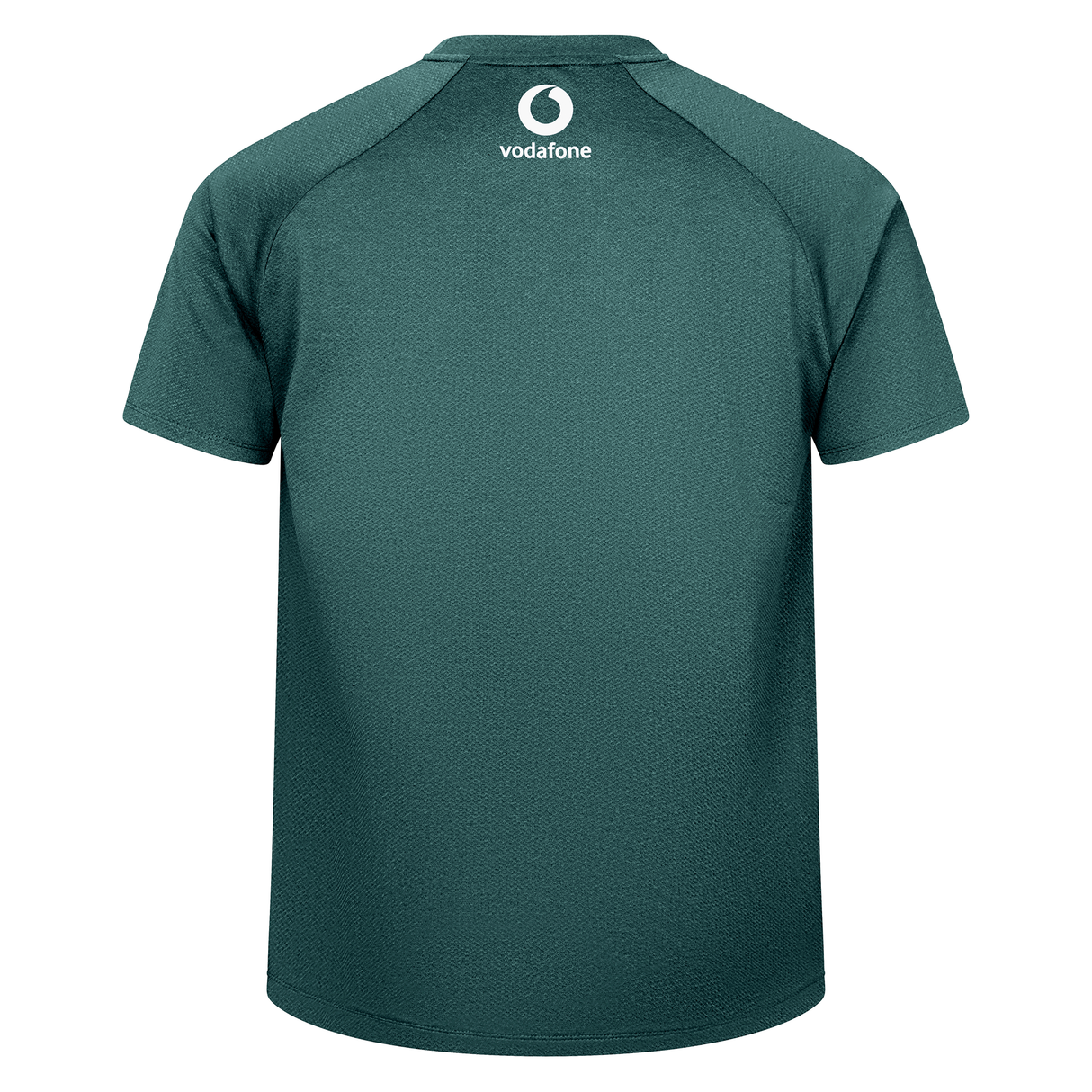 Green short-sleeve sports jersey shown from the back, featuring a white Vodafone logo near the neckline. The Ireland 25/26 Six Nations Elite Training Tee by Canterbury is ideal for rugby fans and players.