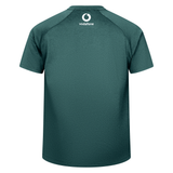 Green short-sleeve sports jersey shown from the back, featuring a white Vodafone logo near the neckline. The Ireland 25/26 Six Nations Elite Training Tee by Canterbury is ideal for rugby fans and players.
