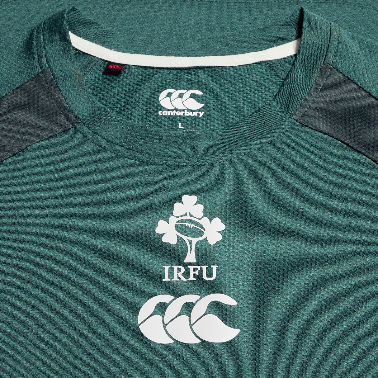A close-up of the Canterbury Ireland 25/26 Six Nations Elite Training Tee, showcasing the IRFU and Canterbury logos—ideal for elite training or supporting Ireland in the Six Nations.