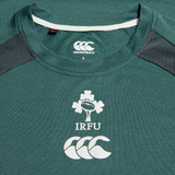 A close-up of the Canterbury Ireland 25/26 Six Nations Elite Training Tee, showcasing the IRFU and Canterbury logos—ideal for elite training or supporting Ireland in the Six Nations.
