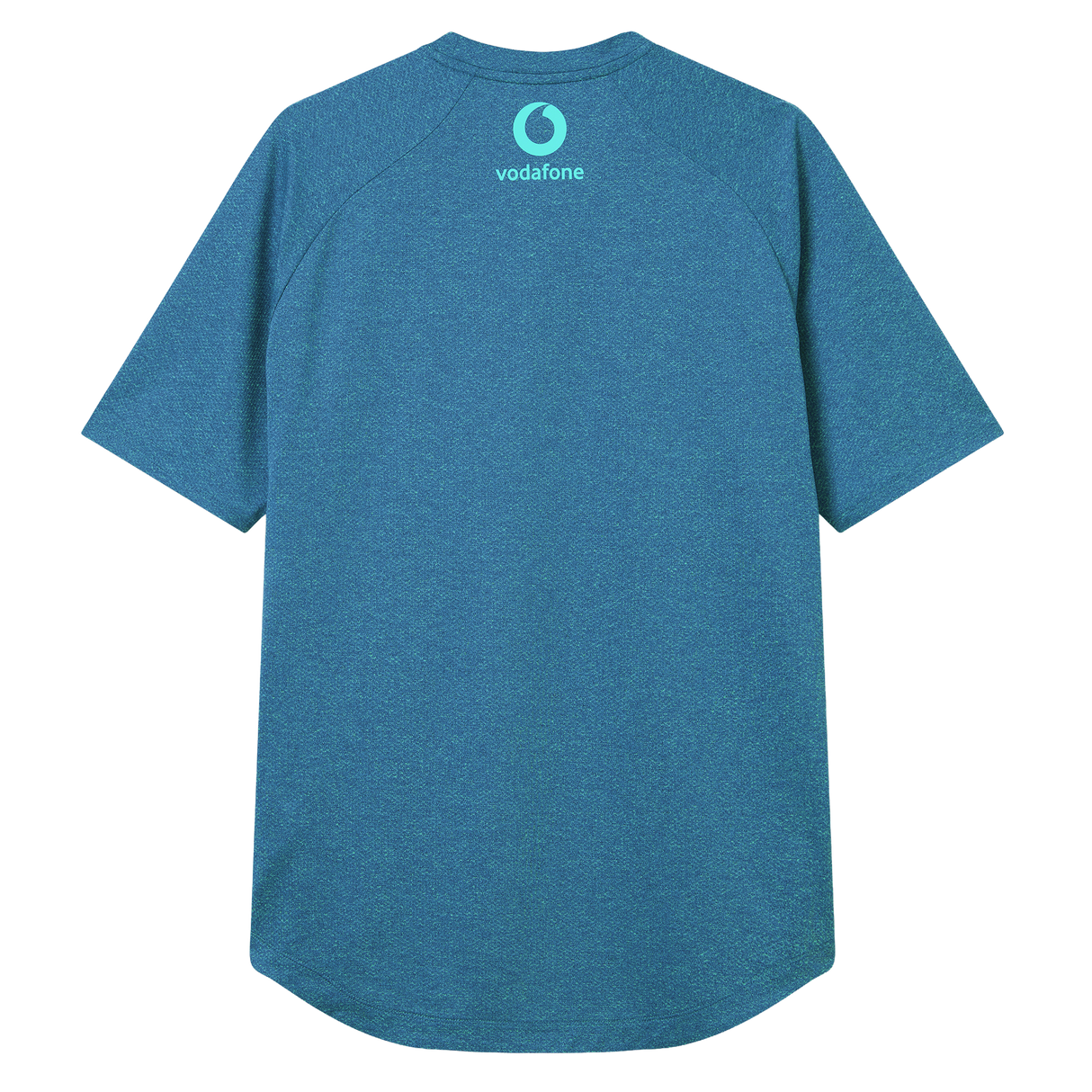 The Ireland 26/27 Summer Tour Elite Training Tee by Canterbury is shown from the back, with a small Vodafone logo and text near the neckline. This blue short-sleeve shirt offers the comfort and durability of Canterbury elite training gear.