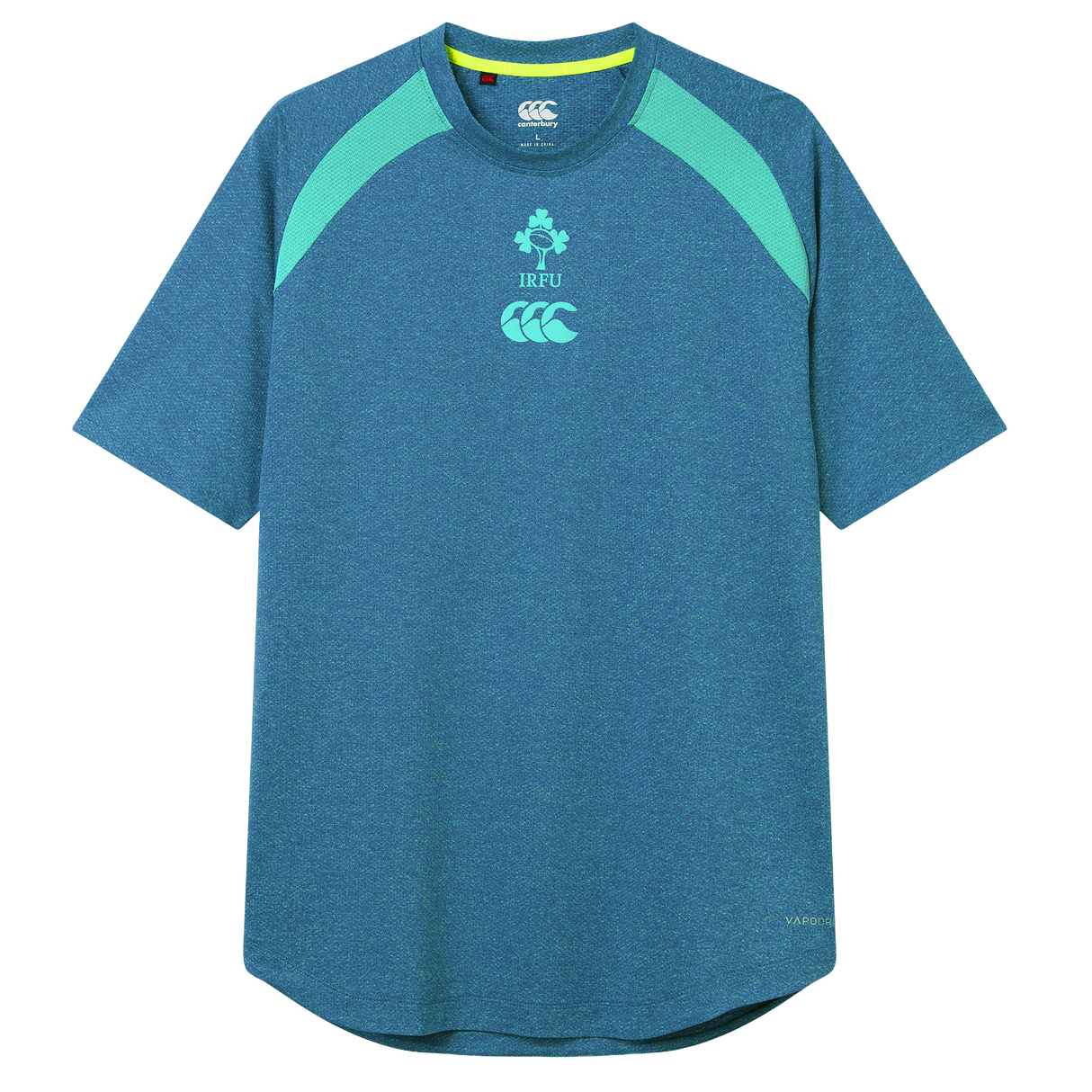 The Ireland 26/27 Summer Tour Elite Training Tee by Canterbury features blue short sleeves with light green shoulder panels, IRFU and Canterbury chest logos, delivering top comfort and performance for rugby fans.