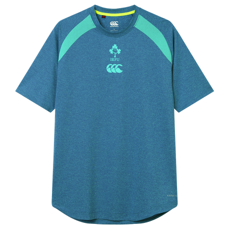 The Ireland 26/27 Summer Tour Elite Training Tee by Canterbury features blue short sleeves with light green shoulder panels, IRFU and Canterbury chest logos, delivering top comfort and performance for rugby fans.
