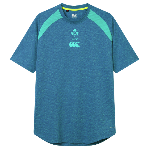 The Ireland 26/27 Summer Tour Elite Training Tee by Canterbury features blue short sleeves with light green shoulder panels, IRFU and Canterbury chest logos, delivering top comfort and performance for rugby fans.
