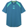 The Ireland 26/27 Summer Tour Elite Training Tee by Canterbury features blue short sleeves with light green shoulder panels, IRFU and Canterbury chest logos, delivering top comfort and performance for rugby fans.