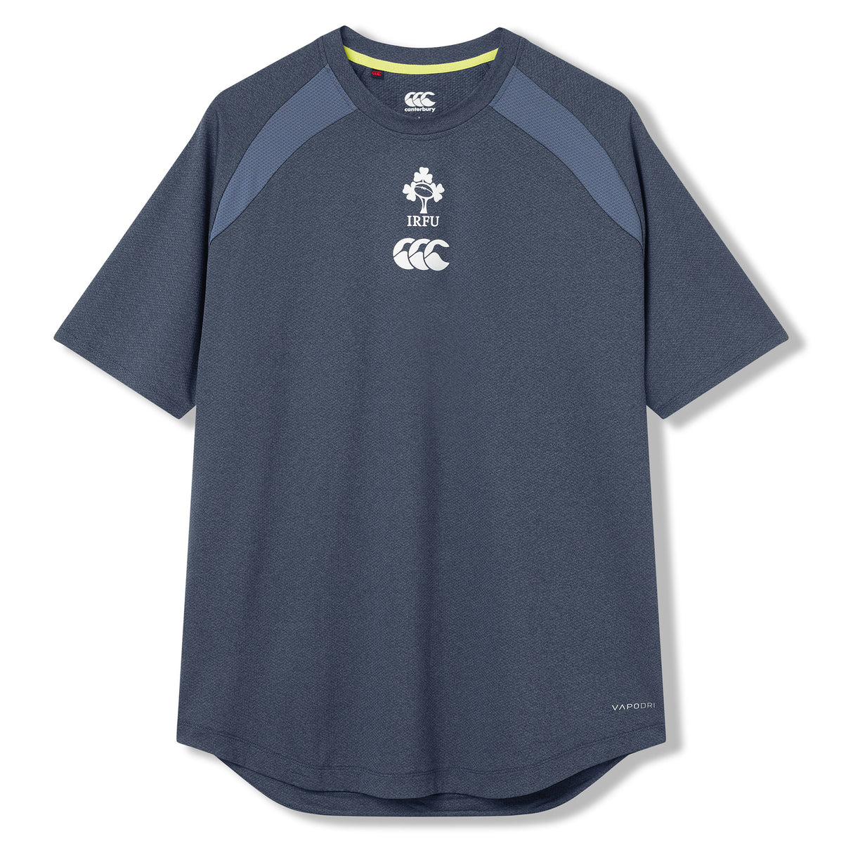 The Ireland 26 Elite Training Tee by Canterbury is a short-sleeve navy blue athletic shirt featuring IRFU and Canterbury logos on the chest, designed specifically as an Ireland rugby training tee and crafted from Vapodri breathable sportswear fabric, shown against a plain white background.