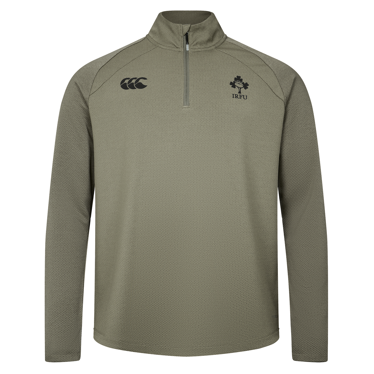 The Ireland 25/26 Elite First Layer 1/4 Zip by Canterbury features long sleeves and IRFU and Canterbury logos on the chest, shown in light olive on a plain white background.