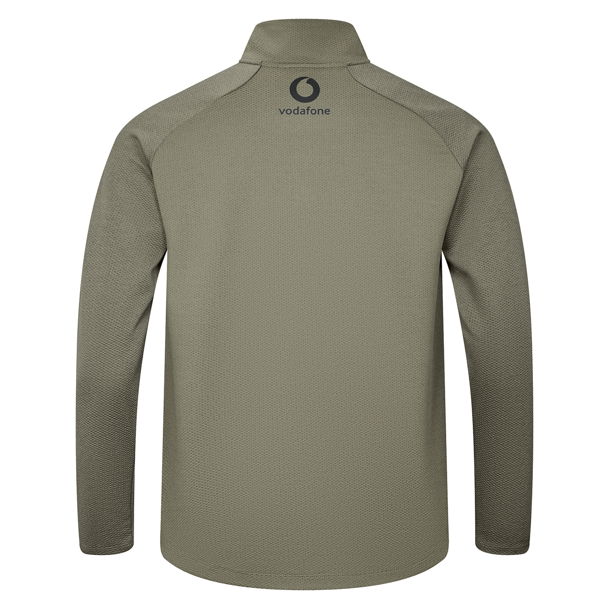 Back view of the olive-green Ireland 25/26 Elite First Layer 1/4 Zip jacket by Canterbury, showcasing the Vodafone logo near the collar.