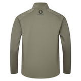 Back view of the olive-green Ireland 25/26 Elite First Layer 1/4 Zip jacket by Canterbury, showcasing the Vodafone logo near the collar.