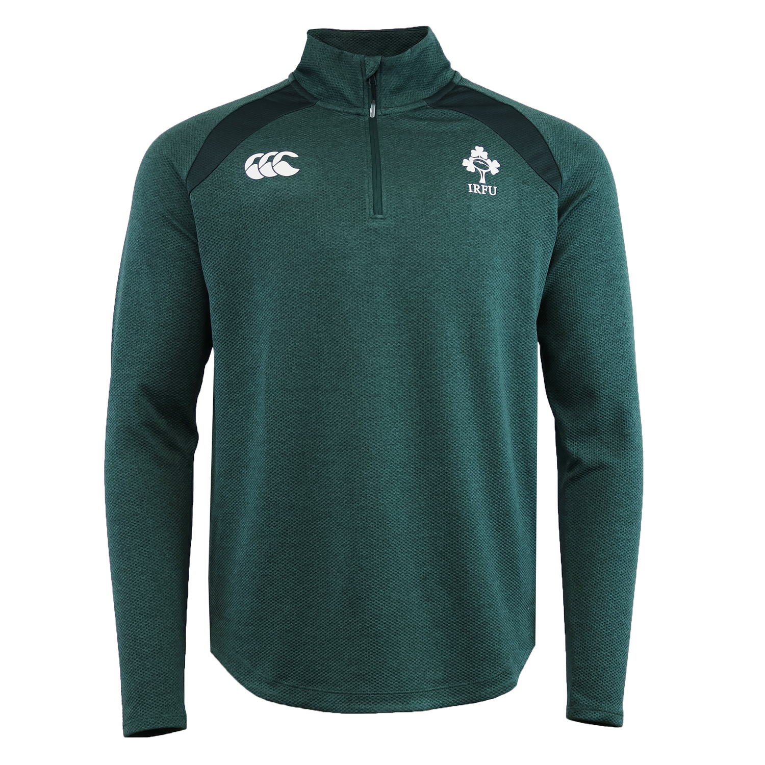 The Ireland 25/26 Elite First Layer 1/4 Zip by Canterbury is a dark green long-sleeve pullover with a quarter zip, featuring the Canterbury logo and IRFU emblem on the chest.