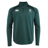 The Ireland 25/26 Elite First Layer 1/4 Zip by Canterbury is a dark green long-sleeve pullover with a quarter zip, featuring the Canterbury logo and IRFU emblem on the chest.