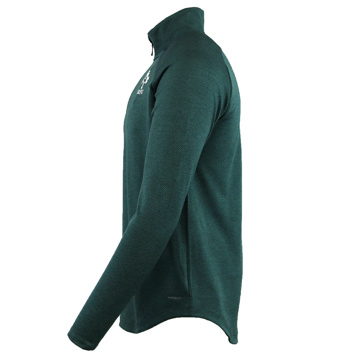Side view of the Canterbury Ireland 25/26 Elite First Layer 1/4 Zip pullover with long sleeves, high collar, and chest logo in dark green.