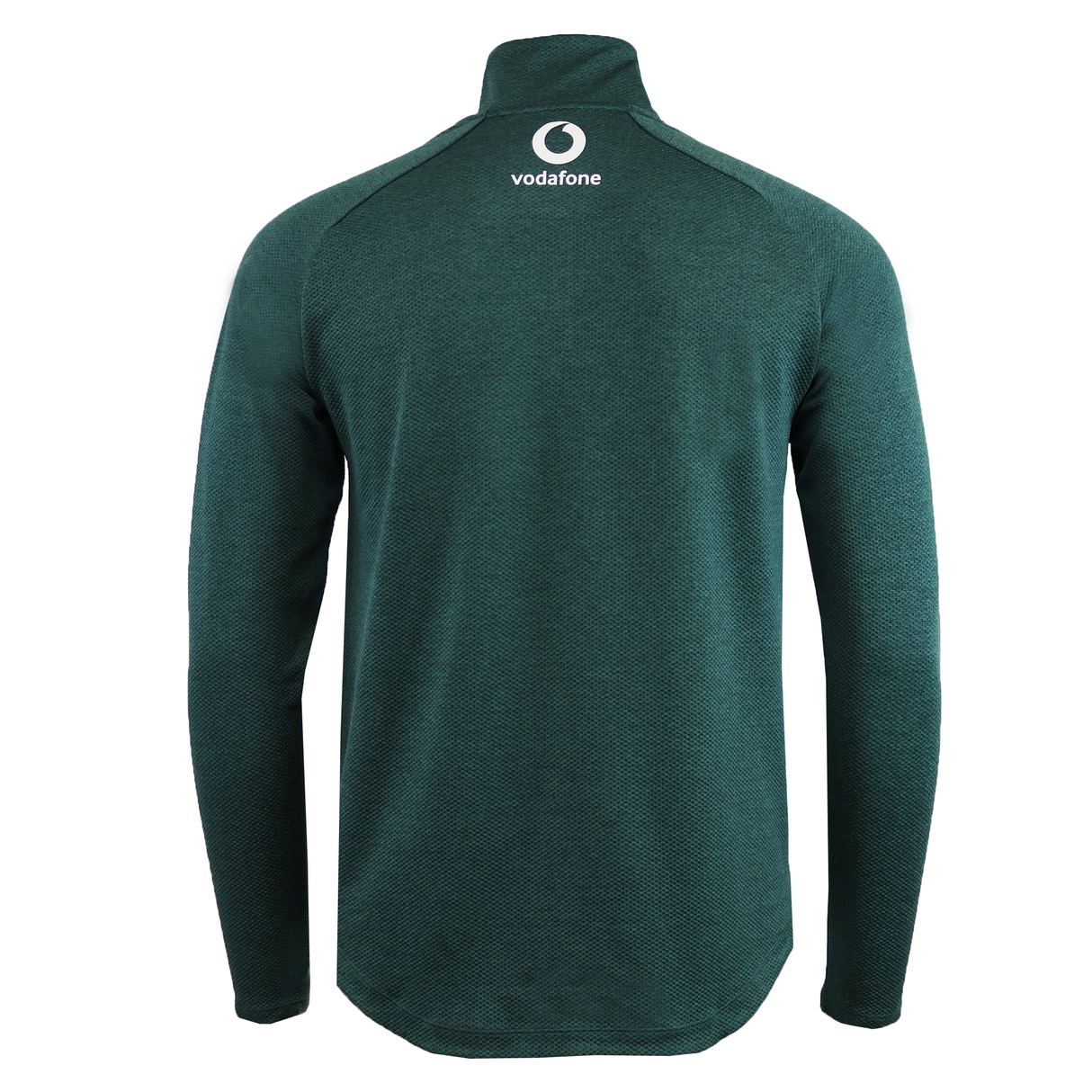 Dark green Ireland 25/26 Elite First Layer 1/4 Zip by Canterbury, shown from the back with a small white Vodafone logo near the collar. Features long sleeves and a sleek athletic fit.