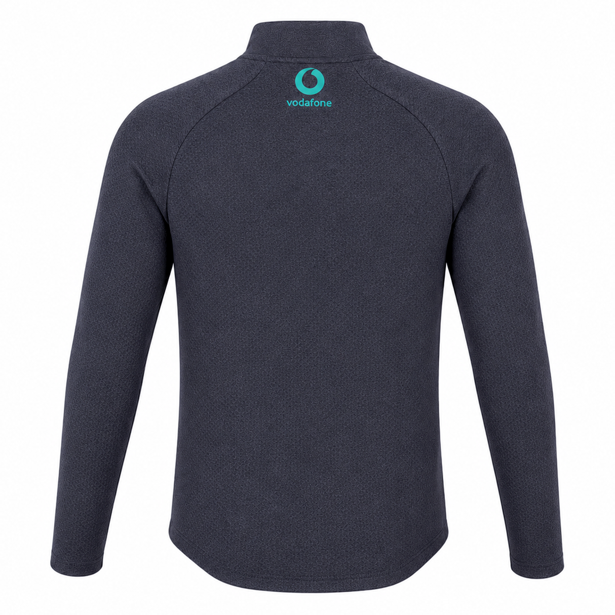 The Ireland 26/27 Summer Tour Elite First Layer by Canterbury is a dark grey, long-sleeve quarter-zip jacket, shown from the back with Vodafone and Ireland Summer Tour Elite teal logos, featuring Vapodri comfort technology.