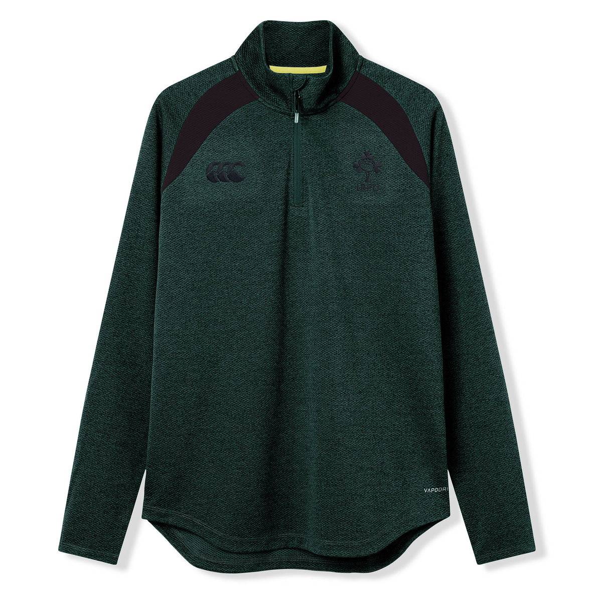 The Ireland 26 Elite First Layer by Canterbury is a dark green, long-sleeve quarter-zip pullover featuring black shoulder accents and chest logos. Crafted from Vapodri fabric for superior moisture management, this top is part of the Canterbury Elite collection and is shown here on a white background.