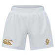 Celebrate Ireland's 150th Anniversary with the Ireland 150th Anniversary Home Match Shorts by Canterbury. These white sports shorts showcase a gold logo on the right leg and an elegant gold emblem on the left, perfectly blending style and history for any dedicated fan.