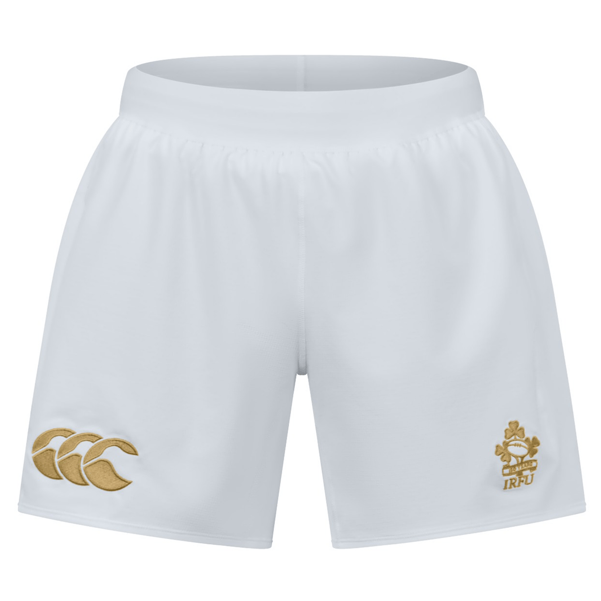 Celebrate Ireland's 150th Anniversary with the Ireland 150th Anniversary Home Match Shorts by Canterbury. These white sports shorts showcase a gold logo on the right leg and an elegant gold emblem on the left, perfectly blending style and history for any dedicated fan.