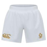 Celebrate Ireland's 150th Anniversary with the Ireland 150th Anniversary Home Match Shorts by Canterbury. These white sports shorts showcase a gold logo on the right leg and an elegant gold emblem on the left, perfectly blending style and history for any dedicated fan.