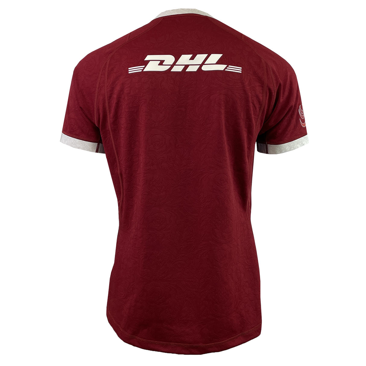 The Canterbury-designed British & Irish Lions 2025 Players Authentic Jersey features a striking red back with white cuffs and collar. The DHL logo stands out on the upper back, highlighting its iconic status.