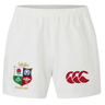 The British & Irish Lions 2025 Replica Match Shorts by Canterbury are white sports shorts showcasing a red Canterbury logo and a vibrant embroidered shield with "Since 1888" beneath it, honoring the legacy of the British & Irish Lions.