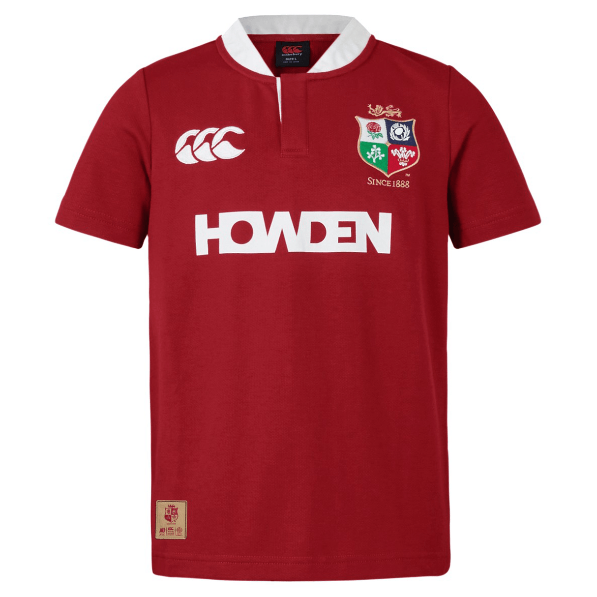 Discover the timeless elegance of the British & Irish Lions 2025 Classic Jersey by Canterbury: a stunning red dahlia rugby top featuring a white collar, adorned with the Canterbury logo, Howden sponsor, and the iconic British & Irish Lions crest.