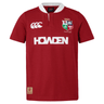 Discover the timeless elegance of the British & Irish Lions 2025 Classic Jersey by Canterbury: a stunning red dahlia rugby top featuring a white collar, adorned with the Canterbury logo, Howden sponsor, and the iconic British & Irish Lions crest.