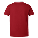 A British & Irish Lions 2025 Classic Jersey short-sleeve polo shirt by Canterbury, featuring a Red Dahlia color with a white collar, shown from the back.