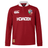 Youth British & Irish Lions 2025 Long Sleeve Classic Jersey by Canterbury: A long sleeve red rugby jersey with white collar, chest logos including "HOWDEN" sponsor and lion emblem, crafted from moisture-wicking fabric for comfort.