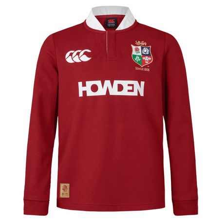 Youth British & Irish Lions 2025 Long Sleeve Classic Jersey by Canterbury: A long sleeve red rugby jersey with white collar, chest logos including "HOWDEN" sponsor and lion emblem, crafted from moisture-wicking fabric for comfort.