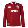 Youth British & Irish Lions 2025 Long Sleeve Classic Jersey by Canterbury: A long sleeve red rugby jersey with white collar, chest logos including "HOWDEN" sponsor and lion emblem, crafted from moisture-wicking fabric for comfort.