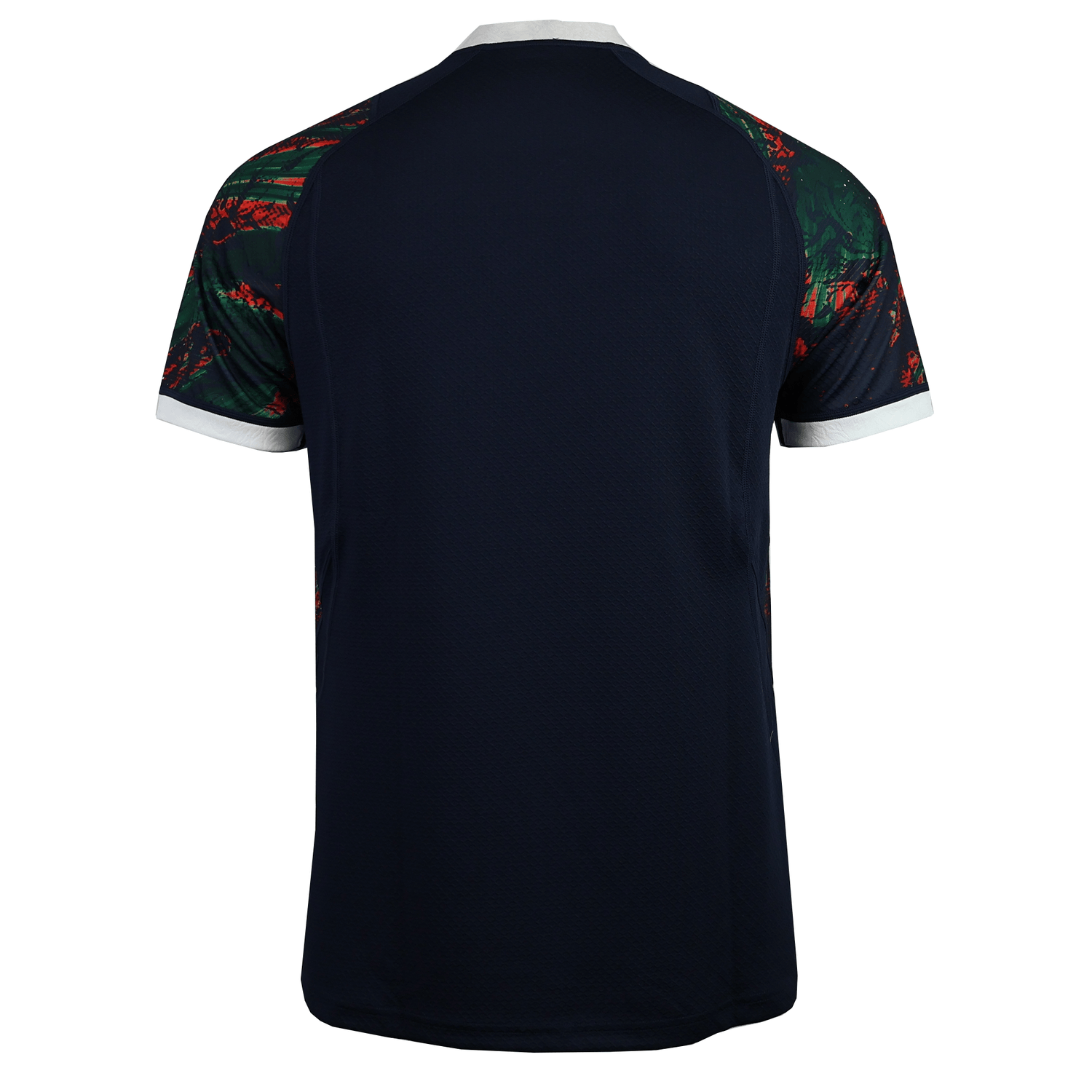 The British & Irish Lions 2025 Replica Warm Up Jersey by Canterbury features a back view with dark navy color, colorful abstract sleeve patterns, an athletic fit, and white trim on the collar and cuffs. Made from moisture-wicking fabric, it's perfect for staying cool during intense matches.