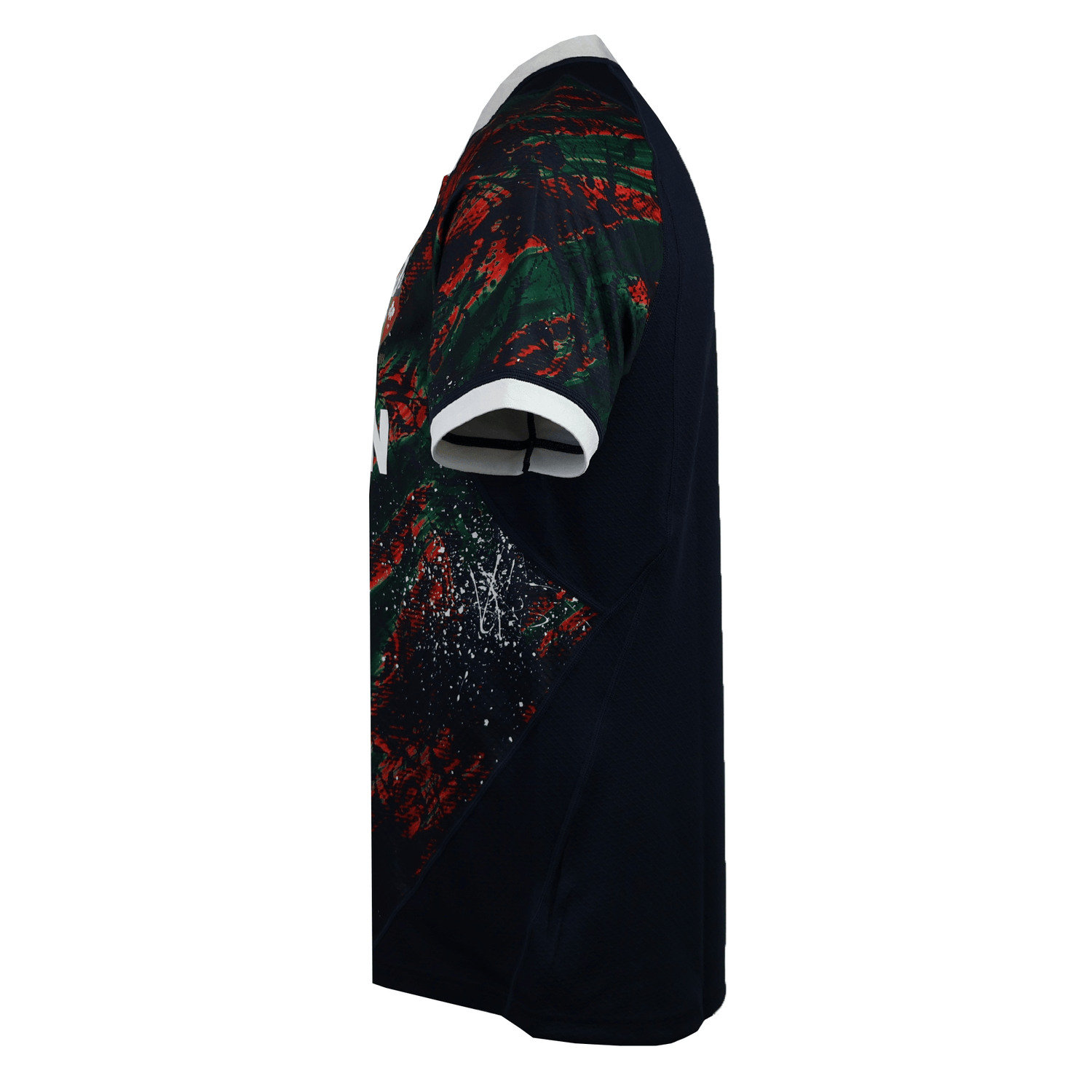 The Canterbury British & Irish Lions 2025 Replica Warm Up Jersey showcases abstract red and green patterns on navy and black, with a white collar and sleeve trim. Crafted from moisture-wicking fabric, it offers an athletic fit for peak performance.