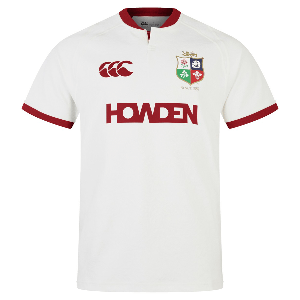 The British & Irish Lions 2025 Training Jersey by Canterbury is a white rugby jersey accented with red, showcasing the iconic British and Irish Lions crest. It features the "Howden" sponsor logo alongside the Canterbury brand logo. This replica training jersey is made from recycled polyester, offering an eco-friendly touch.