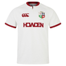 The British & Irish Lions 2025 Training Jersey by Canterbury is a white rugby jersey accented with red, showcasing the iconic British and Irish Lions crest. It features the "Howden" sponsor logo alongside the Canterbury brand logo. This replica training jersey is made from recycled polyester, offering an eco-friendly touch.
