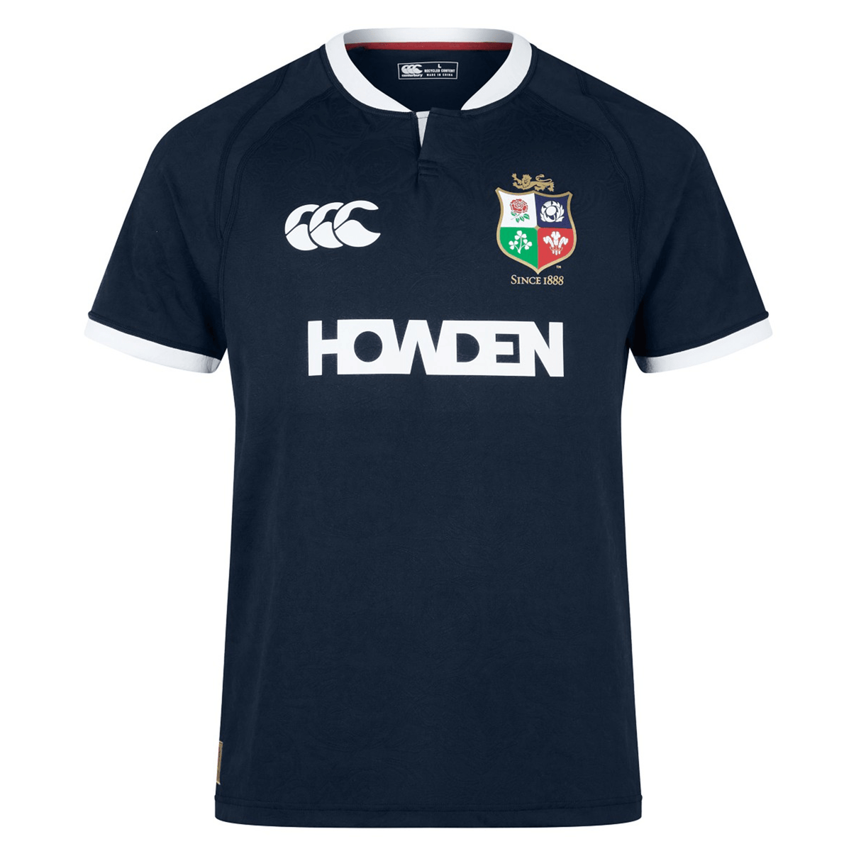 British & Irish Lions 2025 Training Jersey by Canterbury in navy blue, featuring a white collar and trim, the British & Irish Lions logo, anatomically positioned panels, Canterbury branding, and the "HOWDEN" text on the front.