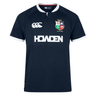 British & Irish Lions 2025 Training Jersey by Canterbury in navy blue, featuring a white collar and trim, the British & Irish Lions logo, anatomically positioned panels, Canterbury branding, and the "HOWDEN" text on the front.
