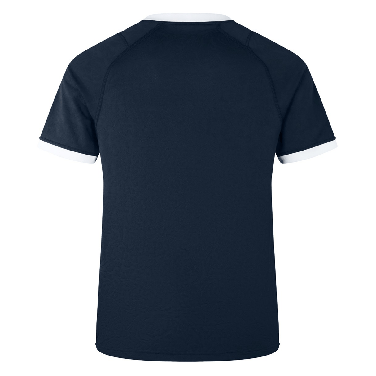 Back view of the British & Irish Lions 2025 Training Jersey by Canterbury, featuring a plain navy blue design with white trim on the sleeves and collar.