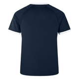 Back view of the British & Irish Lions 2025 Training Jersey by Canterbury, featuring a plain navy blue design with white trim on the sleeves and collar.