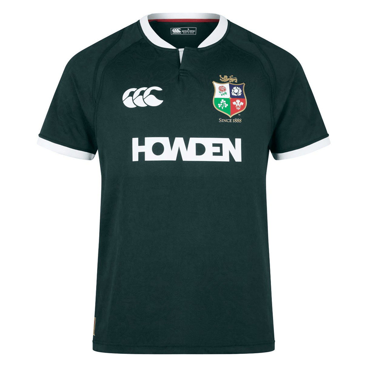 The British & Irish Lions 2025 Training Jersey by Canterbury boasts a green design featuring the "HOWDEN" logo on the front, a white collar, and iconic British & Irish Lions crests. Crafted from recycled polyester, this replica jersey offers style and sustainability for fans passionate about rugby and environmental preservation.