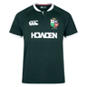 The British & Irish Lions 2025 Training Jersey by Canterbury boasts a green design featuring the "HOWDEN" logo on the front, a white collar, and iconic British & Irish Lions crests. Crafted from recycled polyester, this replica jersey offers style and sustainability for fans passionate about rugby and environmental preservation.