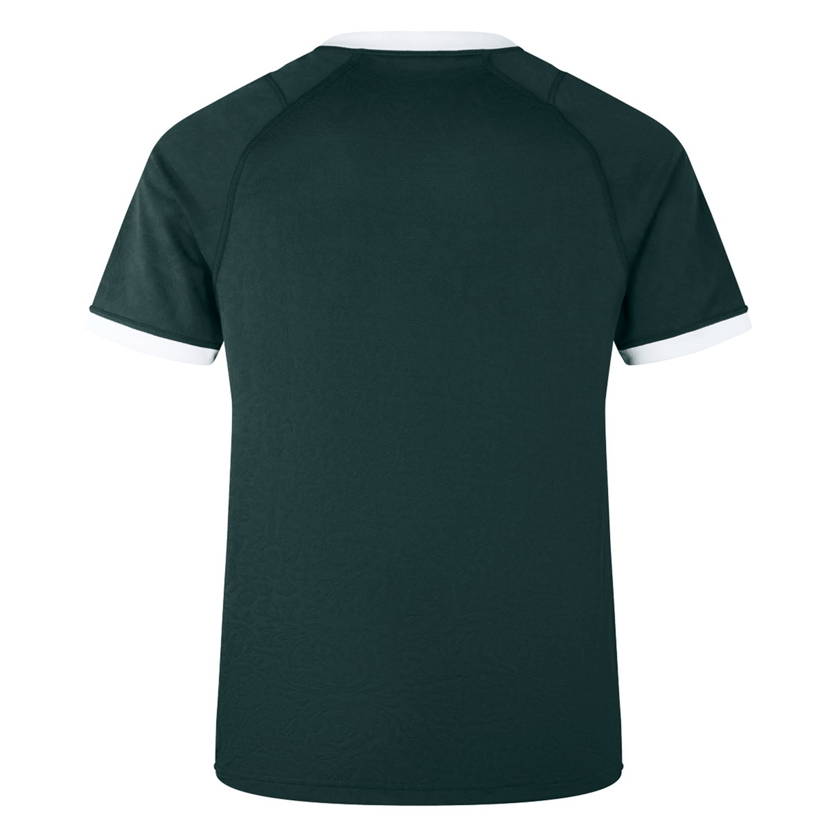 Rear view of the British & Irish Lions 2025 Training Jersey by Canterbury, a dark green short-sleeved shirt made from recycled polyester, with distinctive white trim on the sleeves and collar.