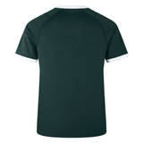 Rear view of the British & Irish Lions 2025 Training Jersey by Canterbury, a dark green short-sleeved shirt made from recycled polyester, with distinctive white trim on the sleeves and collar.
