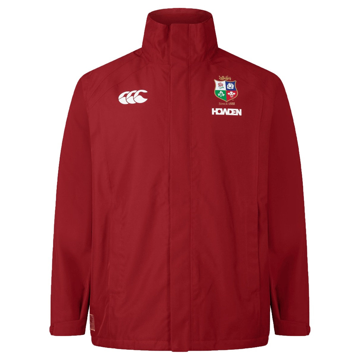 British & Irish Lions 2025 Waterproof Jacket by Canterbury, featuring a red design with the Canterbury logo on the right and multiple emblems on the left, including "Lions" above the breast. It includes an insulated inner layer for added warmth, making it ideal for cooler days.