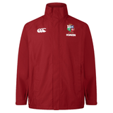 British & Irish Lions 2025 Waterproof Jacket by Canterbury, featuring a red design with the Canterbury logo on the right and multiple emblems on the left, including "Lions" above the breast. It includes an insulated inner layer for added warmth, making it ideal for cooler days.